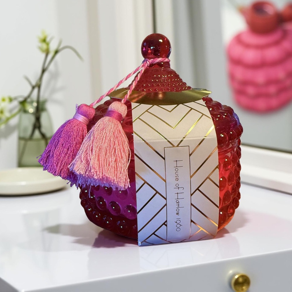 -House of Harlow 1960 NWT Plumeria Soy Blend 14oz Glass Iridescent Jar Candle